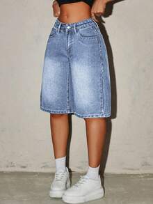 SHEIN ICON Quần short denim bạc màu thời trang nữ - Rửa nhẹ - Xem 6