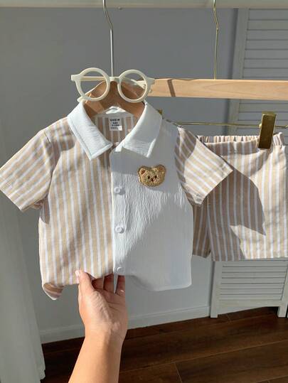 SHEIN 2pcs/Set Unisex Newborn Baby Boy/Girl Cute Summer Holiday Colorblock Striped Cartoon Print Short Sleeve Shirt & Elastic Waist Shorts Set, Summer Outfit Baby Clothes Set Summer Neutral Baby Clothes Unisex