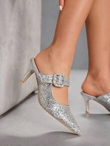 CUCCOO SZL New Pointed Toe Silver Sequin Backless Design High Heel Women Shoes Valentine's Day - Silver - View 1