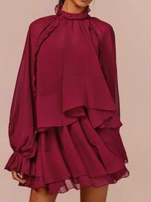 COSMINA 2pcs Women's Elegant Sheer Ruffle Hem Mini Dress Set, Suitable For Dates, Commuting, Parties, Wedding Guests, All Seasons - Burgundy - View 7