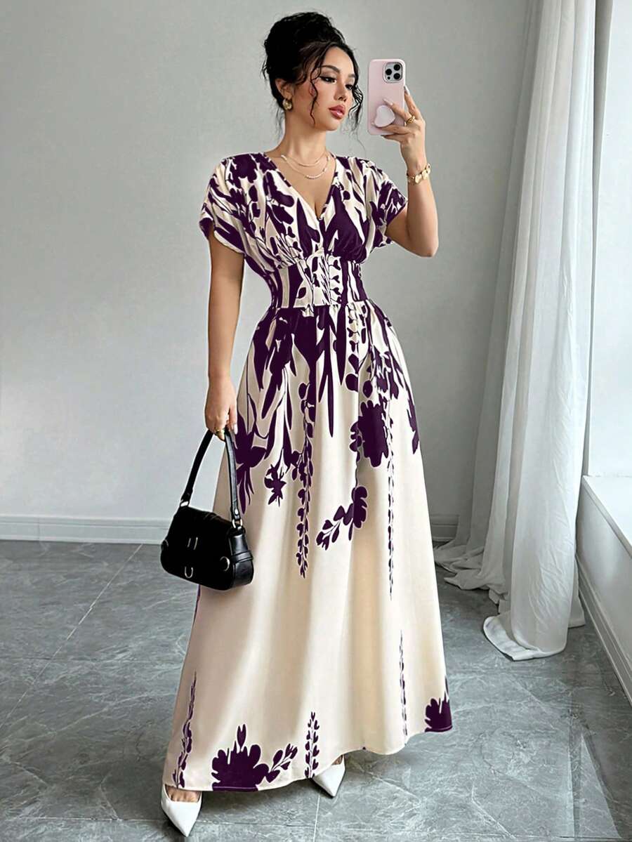 Elenzga V领收腰印花长裙，优雅迷人，适合春夏、秋冬四季穿着，也可作为音乐会、晚礼服、日常通勤、婚礼季/音乐节等场合的礼服。 - 紫色 - 查看 1