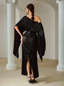ZEYLAH Women's Asymmetrical Neckline Ribbon Design Sense Cloak Sleeve Cinched Waist Long Dress, Suitable For Party And Banquet - Black - View 3