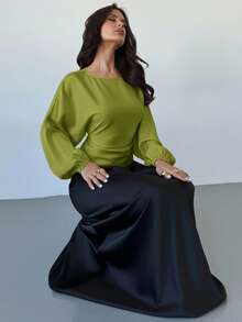 Firerie Áo kiểu nữ thanh lịch, lãng mạn, thường ngày, màu nâu cà phê, cổ tròn, tay cánh dơi, dài tay, thắt eo, dáng chữ X, phù hợp cho giáo viên và mùa thu. - Màu xanh Ô liu - Xem 6