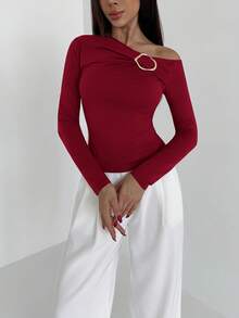 Aloruh 酒红色不对称领针织长袖T恤，女士休闲风格，扭结细节设计，红色不对称肩部上衣 - 酒紅色 - 查看 3