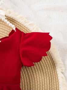 SHEIN Baby Girl Solid Color Ruffle Trim Asymmetric Shoulder Ruffle Sleeve Dress - Red - View 3