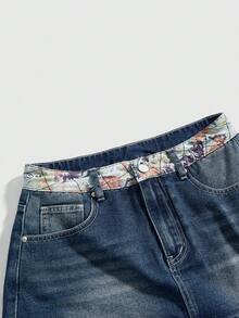 ROMWE Grunge Punk Y2K复古千禧宝贝口袋浮世绘印花刺绣女式紧身迷你裙（含打底裤） - 藍色 - 查看 4