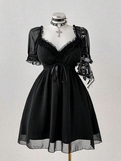 Sunspun Plus Size Cute Girl's Black V-Neck Lace Trim Dress