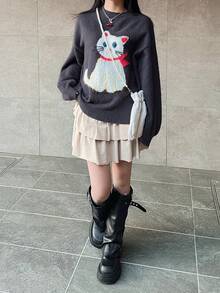 FRIFUL Áo len nữ màu trơn cổ tròn vai rớt tay dài họa tiết mèo móc len, dáng rộng thoải mái, đa năng, thích hợp cho mùa thu/đông. - Màu xám đen - Xem 3