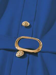 GlowEve 女士纯色腰带前扣优雅短袖中长连衣裙 - 藍色 - 查看 4