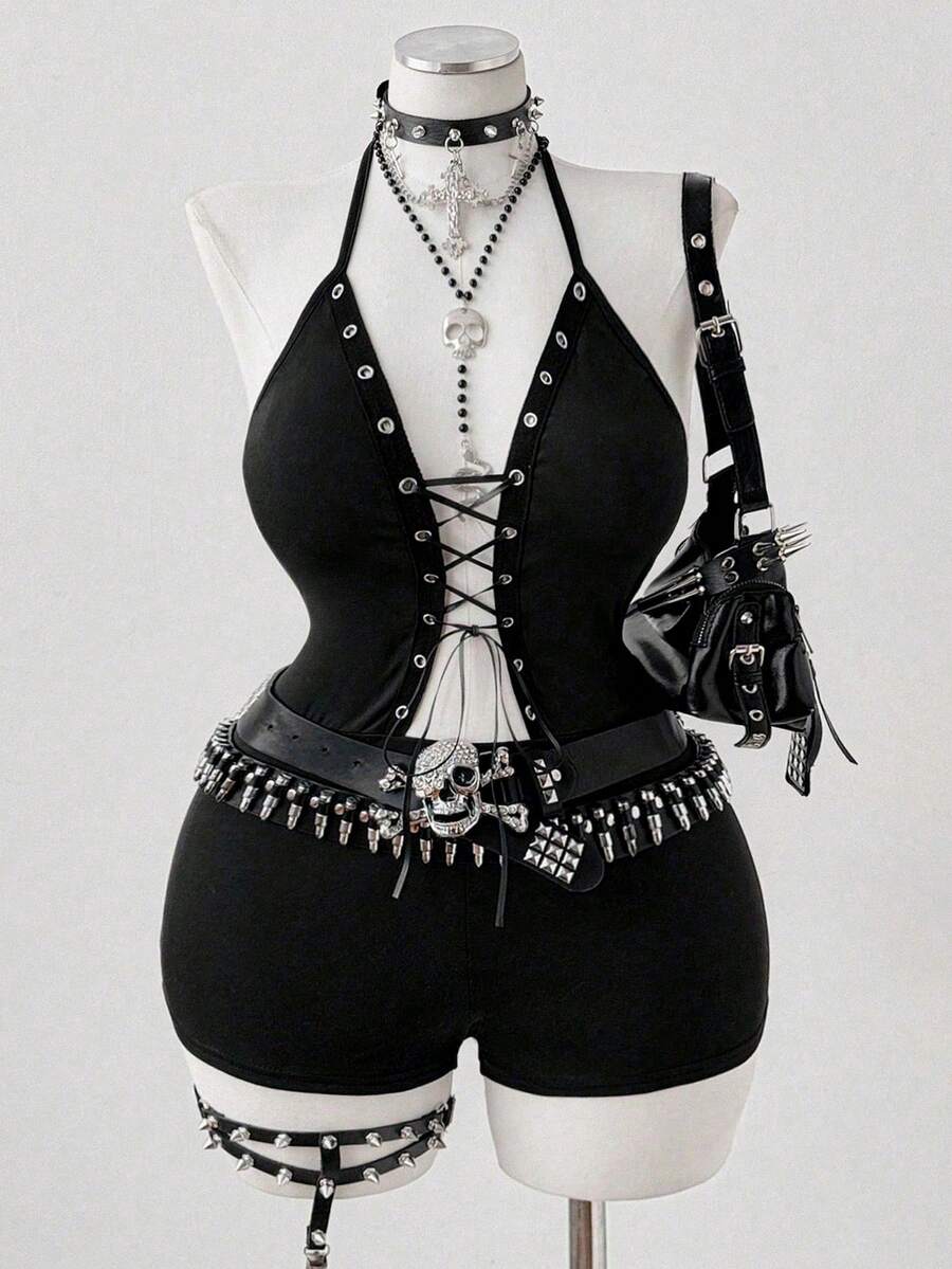 Mono corto sexy de cuello halter de punto de alta elasticidad - Negro - Ver 1
