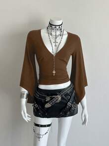 EgrlEra Áo thun nữ màu trơn cổ chữ V sâu, tay lửng xòe ôm sát, gợi cảm. - màu nâu - Xem 6