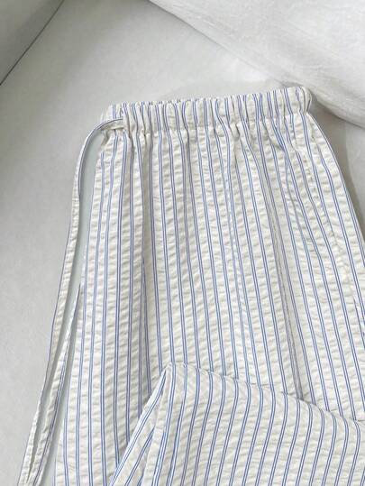 Elamini 2026 New Women's Ultra Low-Rise Casual Vacation Comfortable 100% Cotton Pants, Collegiate Relaxed Versatile Elastic Waist Drawstring Straight Leg Trousers Blue Striped Pants