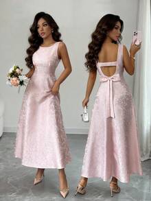 SHEIN Elenzya Women's Jacquard Fabric Backless Design Waist Cinched A-Line Elegant Everyday/Vacation/Commute Fashion Valentine's Day Date French Street Vintage Versatile Early Spring/Spring-Summer Sleeveless Light Pink New Mid-Length Dress - Pink - View 9