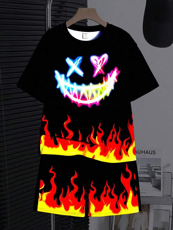 SHEIN 2pcs Tween Boy Casual Minimalist Graffiti Pattern Round Neck Short Sleeve T-Shirt And Shorts Set, Suitable For Summer