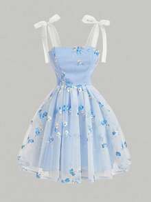 SHEIN Girlism Tween Girls Elegant Floral Embroidered Mesh Camisole Dress, Summer - Blue - View 3