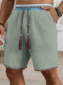 Genlund Quần short nam phong cách bohemian cổ điển, thích hợp mặc hàng ngày đi biển, được làm từ chất liệu giả lanh có họa tiết và dây đai, có thắt lưng co giãn, hoàn hảo cho kỳ nghỉ ở bãi biển Hawaii, các lễ hội âm nhạc và mặc hàng ngày, cũng là một món quà tuyệt vời cho bạn trai hoặc chồng của bạn. Quần short nam mùa hè có dây rút và tua rua, trang phục mùa hè cho nam, quần short nam, vải lanh mùa hè - Màu xanh lục của thợ săn - Xem 6