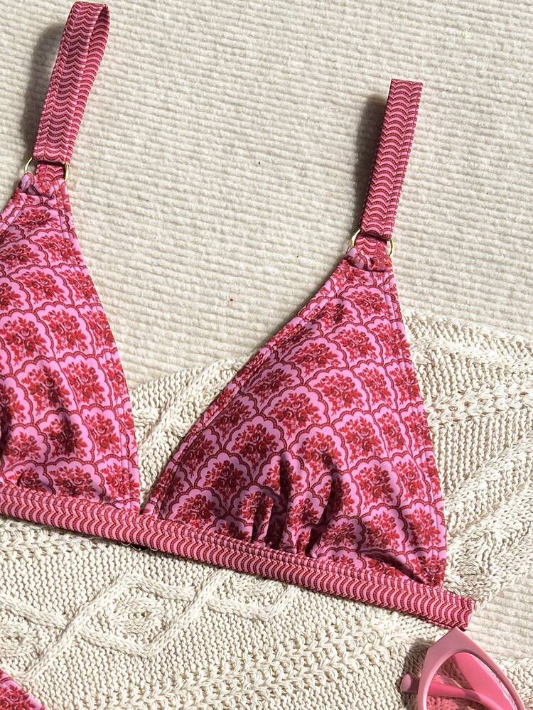 Bonvoyette 2件套女士碎花侧高衩丁字裤比基尼泳装，沙滩度假粉色印花比基尼套装，游艇派对服装 - 玫紅色 - 查看 5