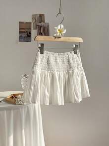 Elamini Chân váy xếp ly ngắn cạp thấp có dây rút, thêu lỗ khuy dành cho nữ - trắng - Xem 6