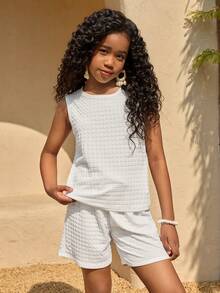 Tween Girls' Casual Cute Round Neck Sleeveless Tank Top, Soft Textured Versatile, Suitable For Vacation And Daily Wear - White - View 1