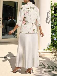 SHEIN Lady Women's Floral Print Lapel Neck3/4 Sleeve Jacket And Pleated Mini Skirt Elegant Suit Set - Multicolor - View 2