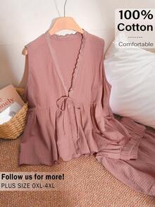 CosyJoli Bộ đồ thể thao 2 mảnh dành cho nữ cỡ lớn, gồm áo dài tay và quần short, chất liệu vải nhăn phối ren, thích hợp cho kỳ nghỉ hoặc hoạt động thường ngày. - màu nâu - Xem 3