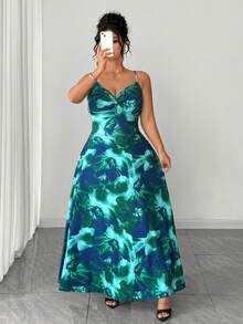 SHEIN Elenzya 大码女式扎染印花针织吊带连衣裙，扭腰设计，开衩下摆，优雅百搭，适合外出和通勤。 - 綠色 - 查看 4