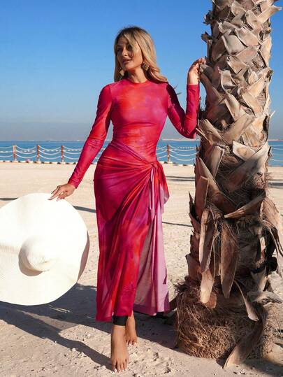 Swim Shayni 3pcs/Set Women's Red Floral Print Round Neck Long Sleeve Top, Slim Fit Pants, And Long Mesh Skirt, Modest Swimwear For Spring/Summer Vacation