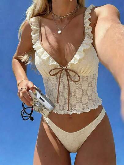 Swim Mod Summer New Arrival Cross-Border European And American Two Pieces Set, Crop Top With Contrast Trim And Ruffles, Matching Contrast Trim Triangle Bikini Bottom, Supportive Camisole Swimsuit, Suitable For Beach, Resort, Birthday Party Western Bathing Suit Western Bikini Western Swimsuits