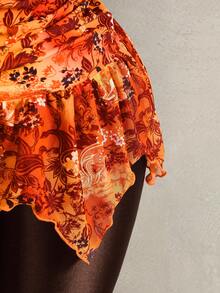 Zestiva Women's 2 Pieces Swimsuit, Fashionable Waist Ruched Front Deep V-Neck Halter Cake Skirt, Summer - Orange - View 7