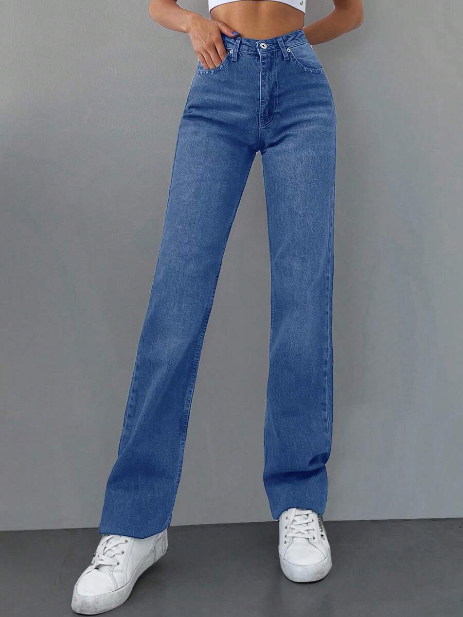 SHEIN Cottnline 女裝休閒直筒牛仔褲 - 淺色水洗藍 - 查看 1