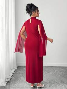 Elenzga 优雅雪纺珍珠装饰拼接连衣裙，修身款式，女士连衣裙 - 酒紅色 - 查看 2