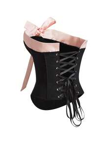 EasyFave Fashionable Sexy Crop Top With Contrasting Color Big Bow And Fishbone Design, Waist Cinching, Tie Back - Black - View 5