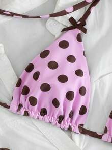 Swim Mod Women's Spring/Summer Beach Music Festival Polka Dot Print Bow Tie, No Cup, Reversible Halter Beautiful Back Bikini Set - Multicolor - View 6