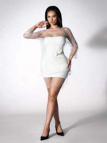 Zolique Vestido de red con brillantes de mujer, de moda y sexy - Blanco - Ver 4