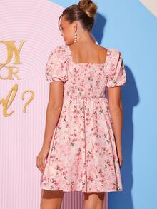 Loomaby Vestido Elegante de Manga Bufante com Estampa Floral Miúda para Gestantes, Verão - Multicolorido - Visão 9