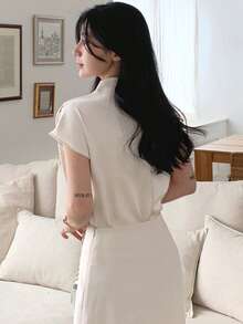 DAZY Women's Loose Fit High Neck Satin Blouse - Apricot - View 3