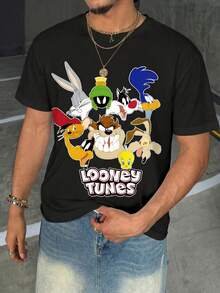 LOONEY TUNES X SHEIN Men's Letter & Cartoon Graphic Round Neck Short Sleeve T-Shirt - White - View 7
