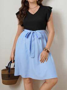 Zelara Abito estivo casual da donna taglie forti, a righe, scollo a V, con volant sulle maniche e vita annodata - Multicolore - Visualizzare 3