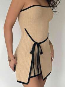 RebeccaVibe Casual Comfortable Color Block Lace-Up Fitted Sweater Dress - Khaki - View 5
