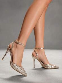 CUCCOO SZL Women's Fashionable Elegant Commuter Pointed Toe High Heels With Sequins - Champagne - View 4