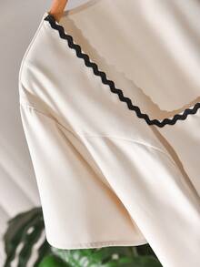 CosyJoli 大码女式方领短袖单排扣衬衫和短裤休闲两件套 - 杏色 - 查看 5