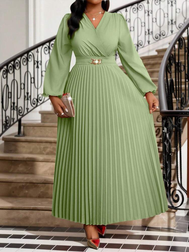 Fleurora Plus Size Green Pleated Dress, Fashionable For Summer Church Dresses For Women Festival Summer Dress  Spring Outfit Women  Party Dress  Elegant Dresses For Party  Wedding Guest Dress For Women Formal Dresses For Women Vacation Outfits Women Stylish Clothing Collection Plus Size Dress Maxi Dress Long Sleeve Dress Pleated Skirt Dress - Mint Green - View 5