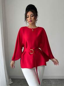 Gloray 女式法式圆领蝙蝠袖腰带亮面红色衬衫，春夏 - 紅色 - 查看 3