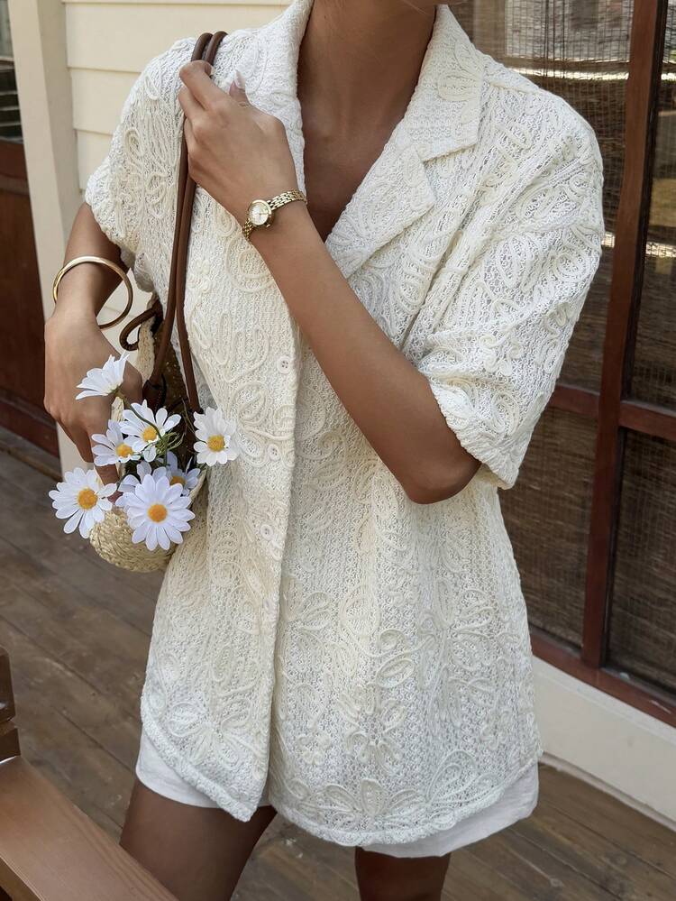 Textured Embroidered Loose Turndown Collar Short Sleeve Thin Jacket, Casual Resort Wear For Women, Spring/Summer