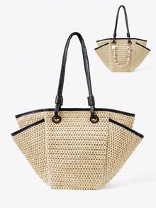 Viva Strut Ladies, Women Tote Bag, Straw Bag, Straw Woven Bag, Large Capacity, Fashionable, Elegant, Simple, Personalized, Versatile, For Beach, Vacation, Holiday, Summer, Seaside, Beach Party(The Bag Does Not Contain Pendants.) - Beige - View 1