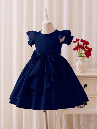 Glamorique Kids Young Girl' Elegant High-End Burgundy Cap Sleeve Satin Bow Decor Puff Dress, Formal Outfit