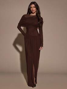 SHEIN BAE 女士纯色简约长袖休闲连衣裙 - 咖啡棕 - 查看 7