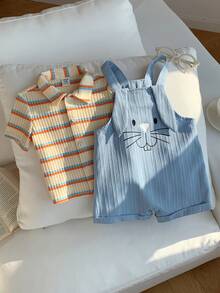 SHEIN 2pcs/Set Unisex Baby Casual Cute Holiday Knitted Colorful Striped Short Sleeve T-Shirt&Cartoon Rabbit Printed Blue Bib Pants Romper Set,Summer Sets - Multicolor - View 5