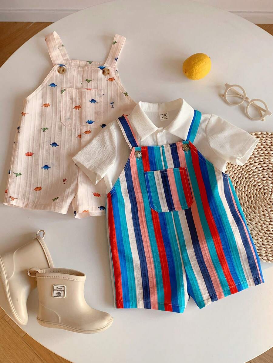 SHEIN 2pcs/Set Newborn Baby Unisex Casual Cute Striped Strap Romper 2-Piece Outfit, Summer - Multicolor - View 1