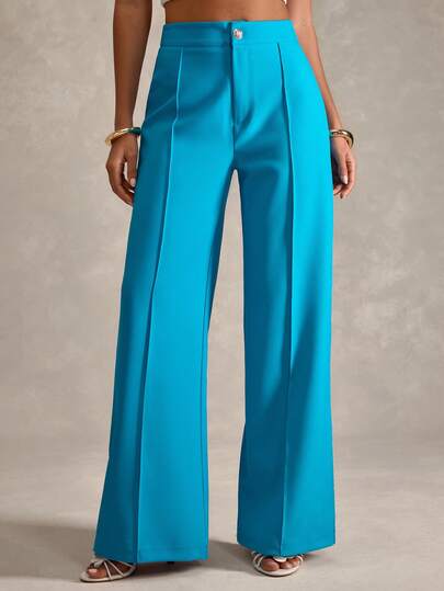 RueChic Dames effen kleur hoge taille wijde pijpen broek kantoor werk blauw herfst casual elegant